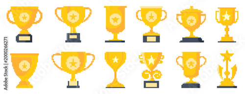 Pixel trophy collection set. Retro game style award cups with low resolution block design. Pixel vector style
