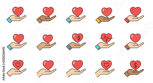 Hands Holding Hearts Icons Set: Love, Care, Health, Charity, Finance