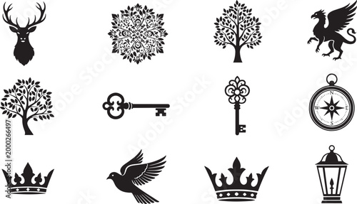 Black silhouette of a deer head tree mandala key compass bird crowns and lantern deer head silhouette