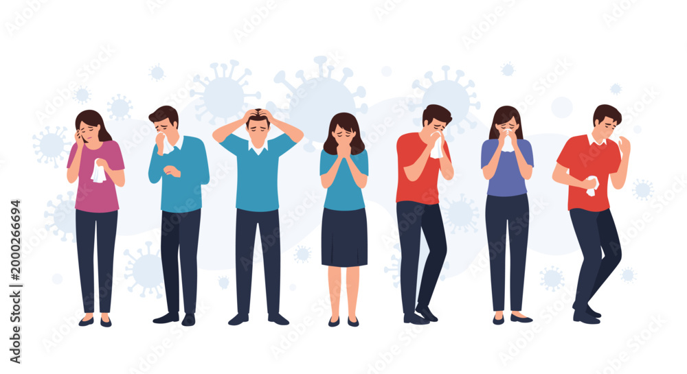 Obraz premium Group of people display symptoms of illness like coughing and sneezing while virus particles float in the background.