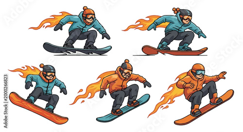 Snowboarders in action vector illustration set
