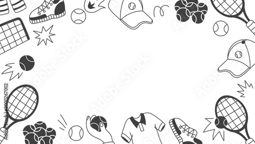 Tennis Horizontal Background. Hand Drawn Black and White Sport Game Frame with Racket Ball Uniform Gear Items. 1920x1080 Doodle Vector Border Illustration