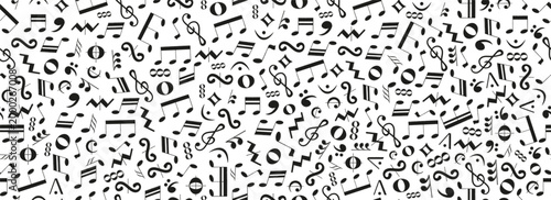 Music symbol seamless pattern. Black notes clefs and notation elements scattered on white background