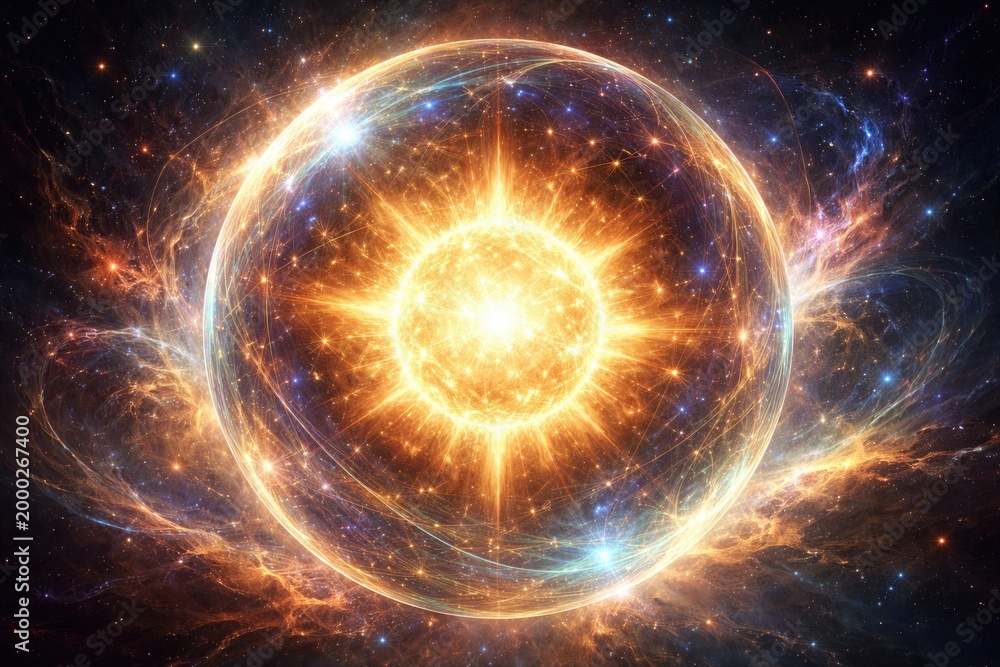 Fototapeta premium Glowing celestial star with a spherical mystical aura and cosmic designs