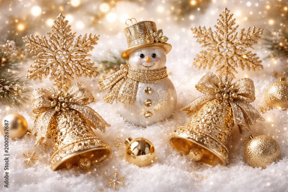 Fototapeta premium Luxurious set of gold Christmas tree ornaments featuring snowflakes bells and snowman on white