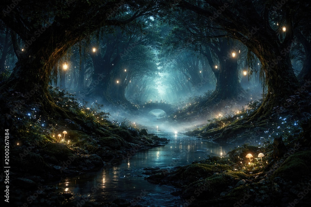 Fototapeta premium Fairytale forest illuminated by subtle glowing mist at night