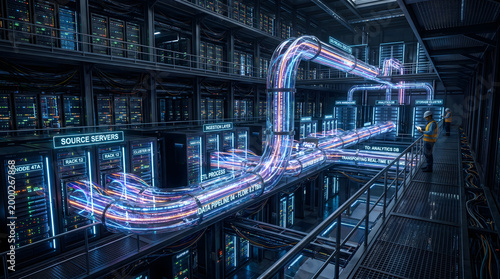 Engineer Monitors Digital Data Flow in Futuristic Server Room