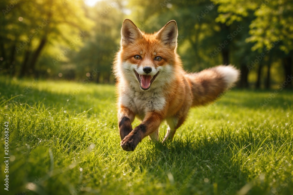 Naklejka premium Cheerful pet fox sprinting through fresh green grass lawn with summer trees