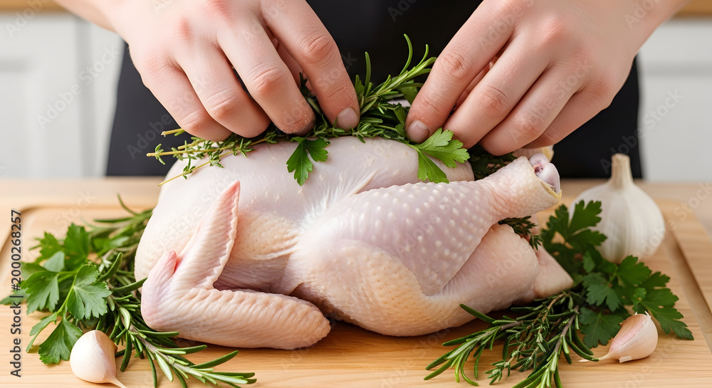 Naklejka premium Preparing a whole chicken with herbs for roasting in the kitchen with fresh rosemary and garlic