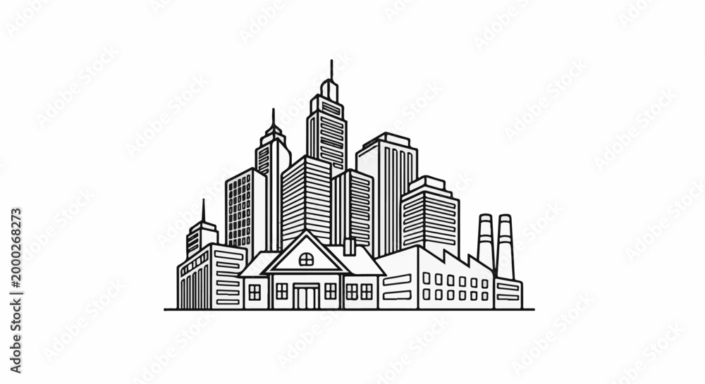 Obraz premium Stylized line art depicts a city skyline with tall buildings and an industrial factory