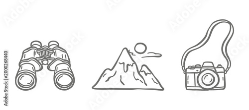 Professional travel and adventure icon set featuring field binoculars, a snowy mountain peak under the sun, and a vintage photo camera. Minimalist black line art for tourism and exploration branding.