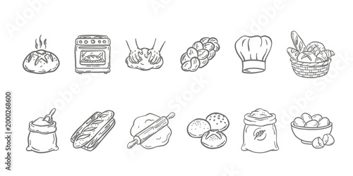 Artisan bakery bread icon set in minimalist line art style. Features fresh sourdough loaf, round buns, flaky croissant, baguette, and braided bread. Perfect for bakery branding and menu icons.