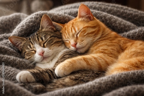 Cute feline friends dreaming sweetly while lying on cozy gray knitted throw