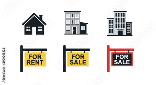 Real Estate Icons: Houses, Apartments, For Rent & For Sale Signs