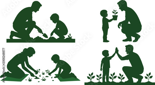 Parent and Child Gardening Silhouettes Dark Green Flat Vector Set Teaching Potted Plant Weeding and High Five Scenes
