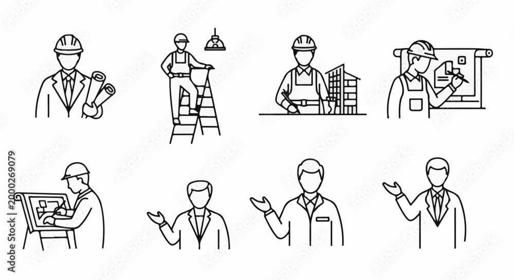 Fototapeta premium Stylized icons depict construction professionals at work and presenting plans