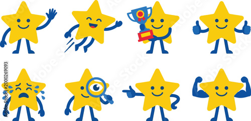 Star Mascot Character Poses Flat Vector Set Waving Flying Trophy Thumbs Up Crying and Flexing Cartoon Icons
