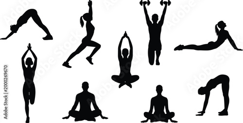 Collection of yoga and fitness silhouette poses showing meditation, stretching, strength training, balance, and healthy lifestyle activities