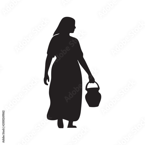  Silhouette of a Peasant Woman Carrying a Large Basket and Milk Jug. 