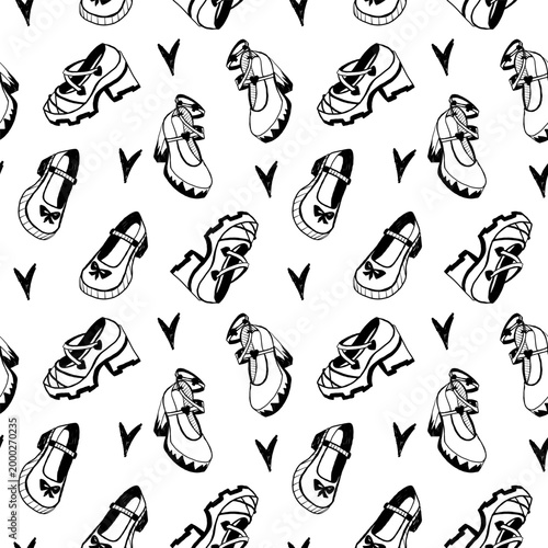 Mary Jane shoes pattern, seamless vector design with hand-drawn footwear sketches. Trendy coquette and grunge aesthetic background featuring chunky heels and bows for textile and product design