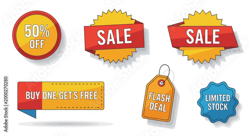 Sale Promotion Icons: 50% Off, Buy One Get Free, Flash Deal, Limited Stock