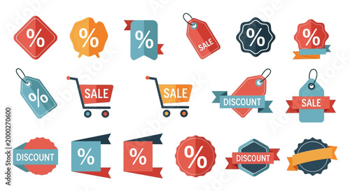 Set of Discount and Sale Tags, Labels, and Icons with Percentage Symbols