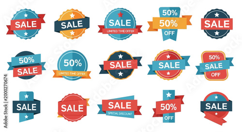Set of 15 Vintage Sale and 50% Off Badges, Stickers, and Labels