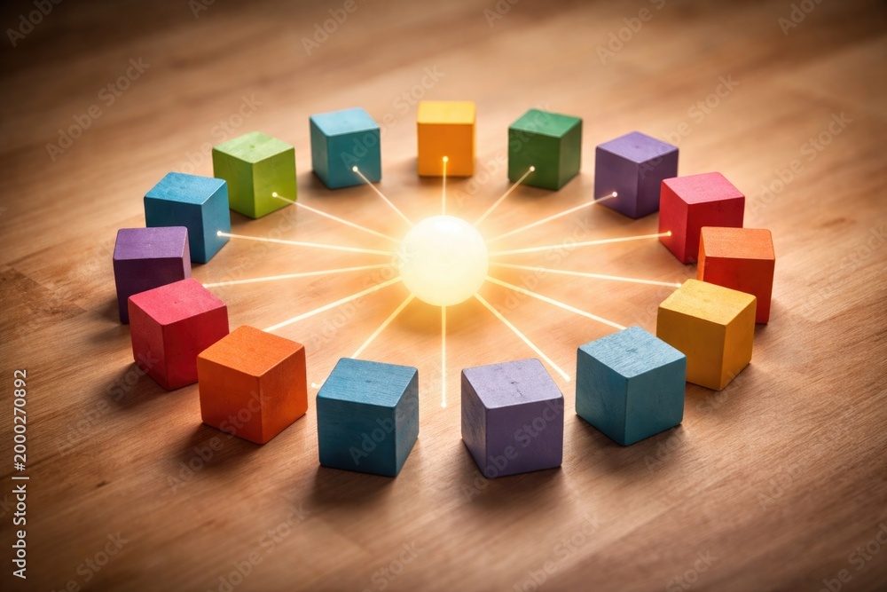 Fototapeta premium Creative concept showing unity and centralization via a ring of assorted colorful wooden blocks