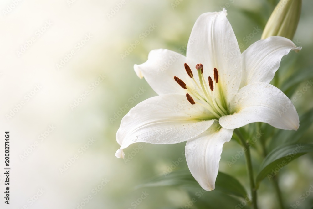 Fototapeta premium Detailed white lily flower on a muted pale background with a softly blurred green effect and copy space