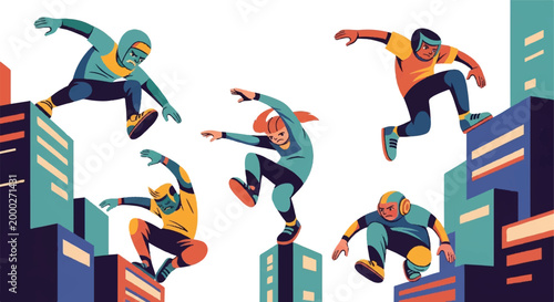 Urban parkour athletes leaping across cityscape rooftops illustration