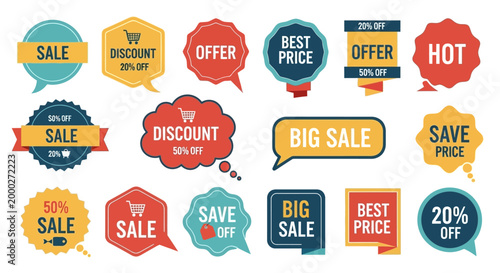 Collection of colorful sale, discount, and offer badges and stickers for retail and marketing