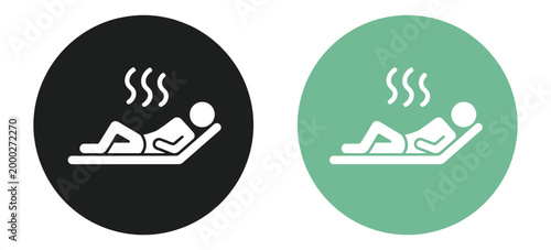 Relaxing spa and sauna icon set featuring person lying down with steam heat in black and teal circular flat vector design for wellness and relaxation concepts