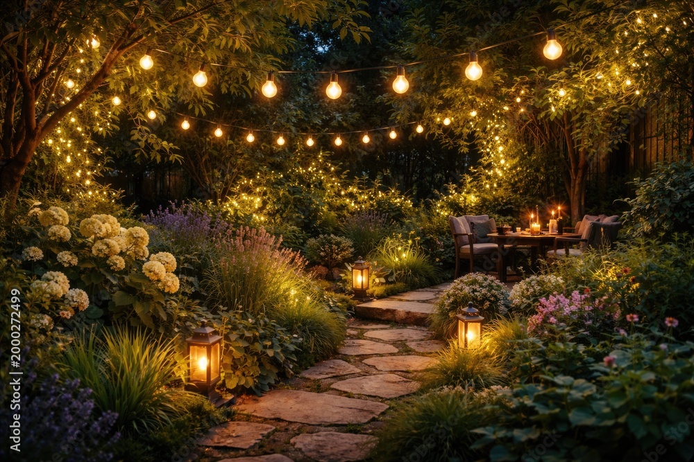 Obraz premium Home garden glowing at night with decorative globe lights and flourishing greenery