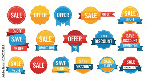 Collection of colorful sale, offer, discount, and save badges and labels for retail and marketing