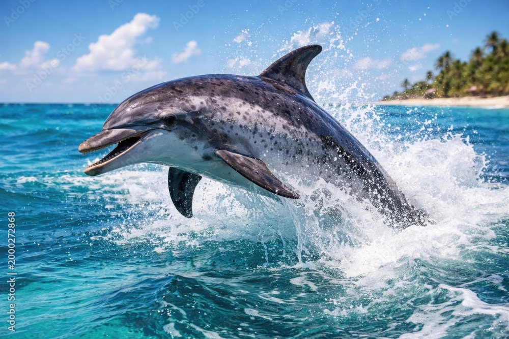Fototapeta premium Energetic rough toothed dolphin making a splash on a bright summer ocean swim