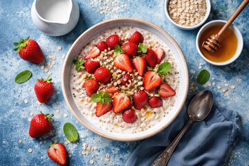 Birds eye photo of a fresh oatmeal bowl with strawberries and milk set on an artistic blue background