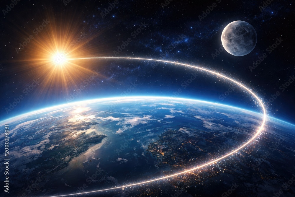 Obraz premium Earth's orbit dynamics with Sun Moon and horizon under azure sky