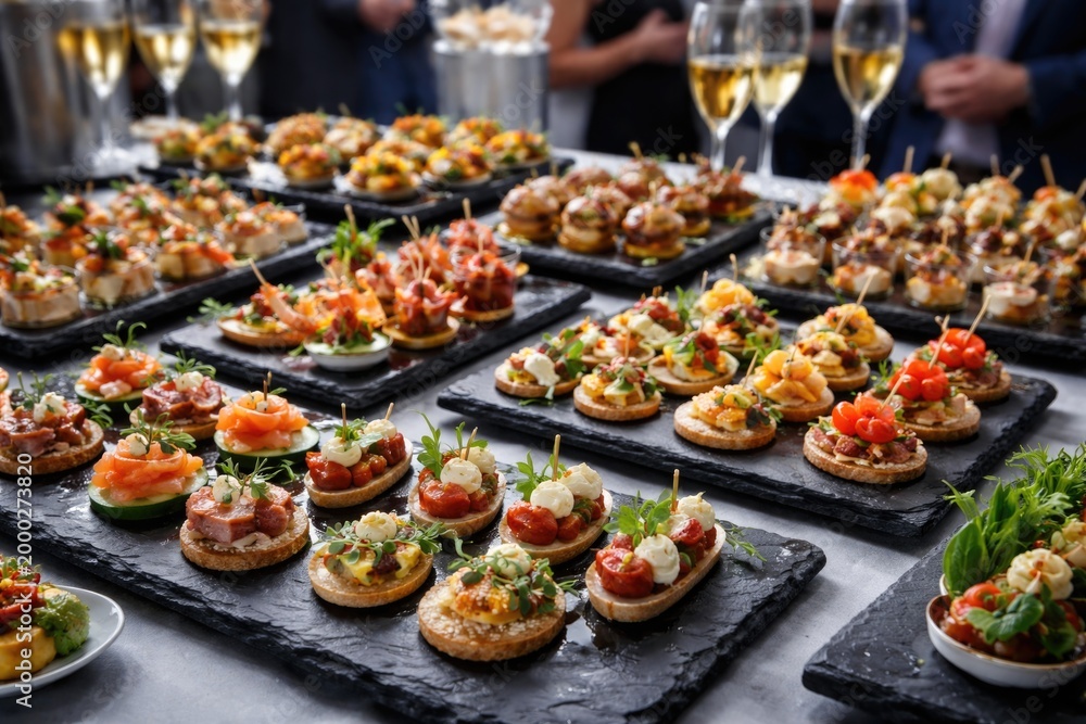 Fototapeta premium Catered event featuring diverse canapes on black slate platters highlighting gourmet hospitality