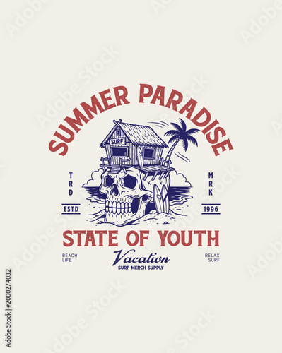 Summer Paradise State of Youth Vacation Skull Illustration.