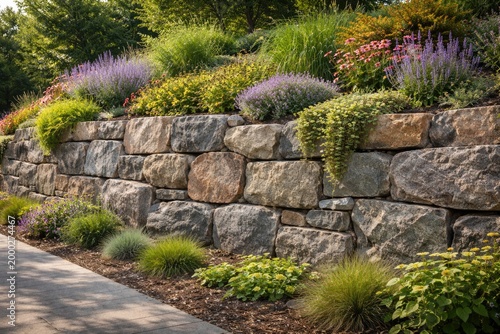 Durable stone wall of granite and gneiss stabilizing slope with low upkeep perennials