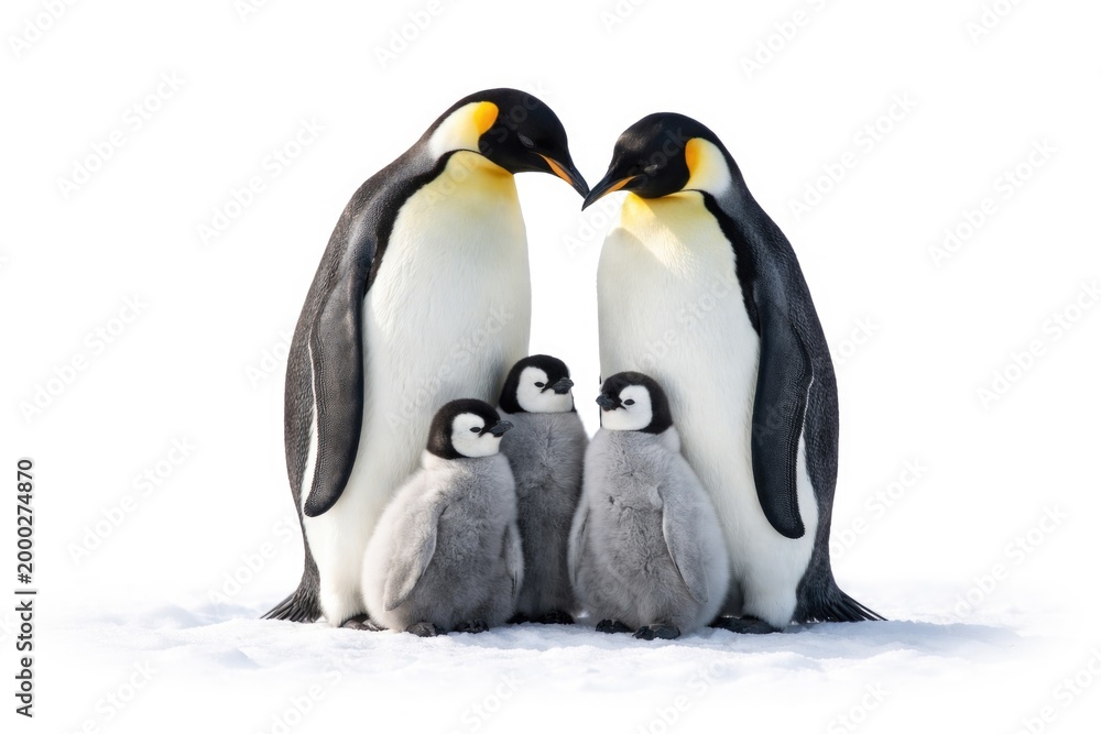 Obraz premium A solitary emperor penguin pair with their juveniles on a bright white background promoting Antarctic protection