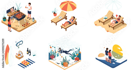 Isometric summer beach vacation set with barbecue, sunbathing, snorkeling, surfing gear and relaxing seaside scenes in colorful modern vector illustration
