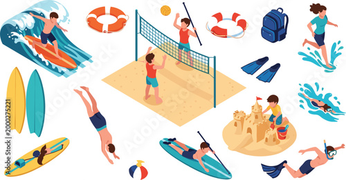 Flat summer beach activities vector set featuring surfing, volleyball, swimming, snorkeling, sandcastle building and vacation elements in colorful modern illustration style