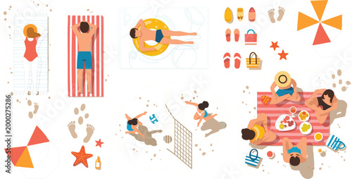 Top view summer beach activities vector set with sunbathing, swimming, volleyball, picnic, accessories and seaside elements in colorful flat illustration style