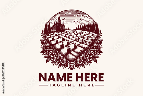 Vineyard landscape with wine bottle illustration.