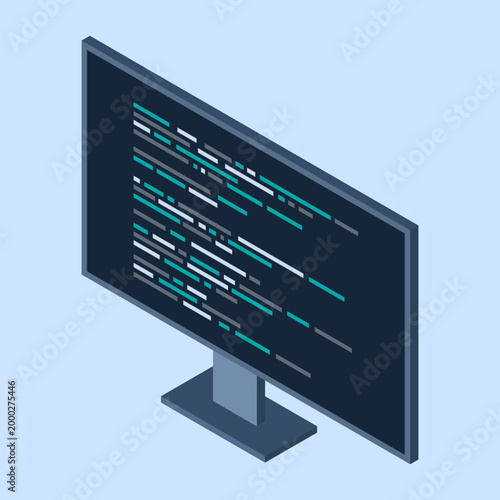 Isometric monitor. Software programming coding concept. Code on computer monitor. Isometric technology. Vector illustration