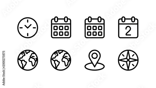 Minimalist flat icons set of time, calendar, location, and globe symbols Vector