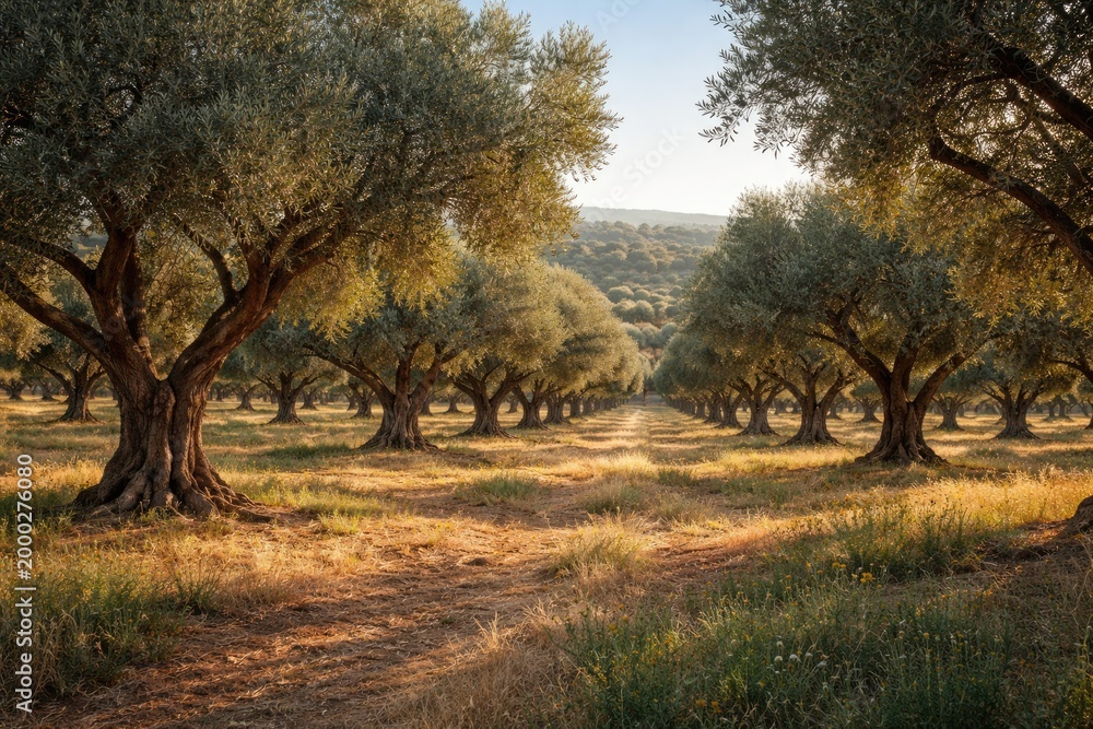 Obraz premium Large olive grove with dense foliage on sunny terrain