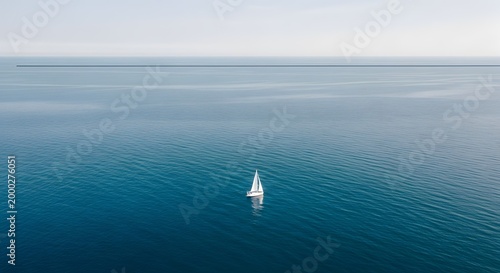 Serene ocean vista a lone sailboat glides across calm blue waters under a pastel sky