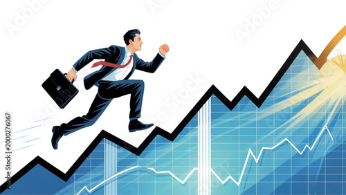 Businessman jumping with upward green stock chart background Vector